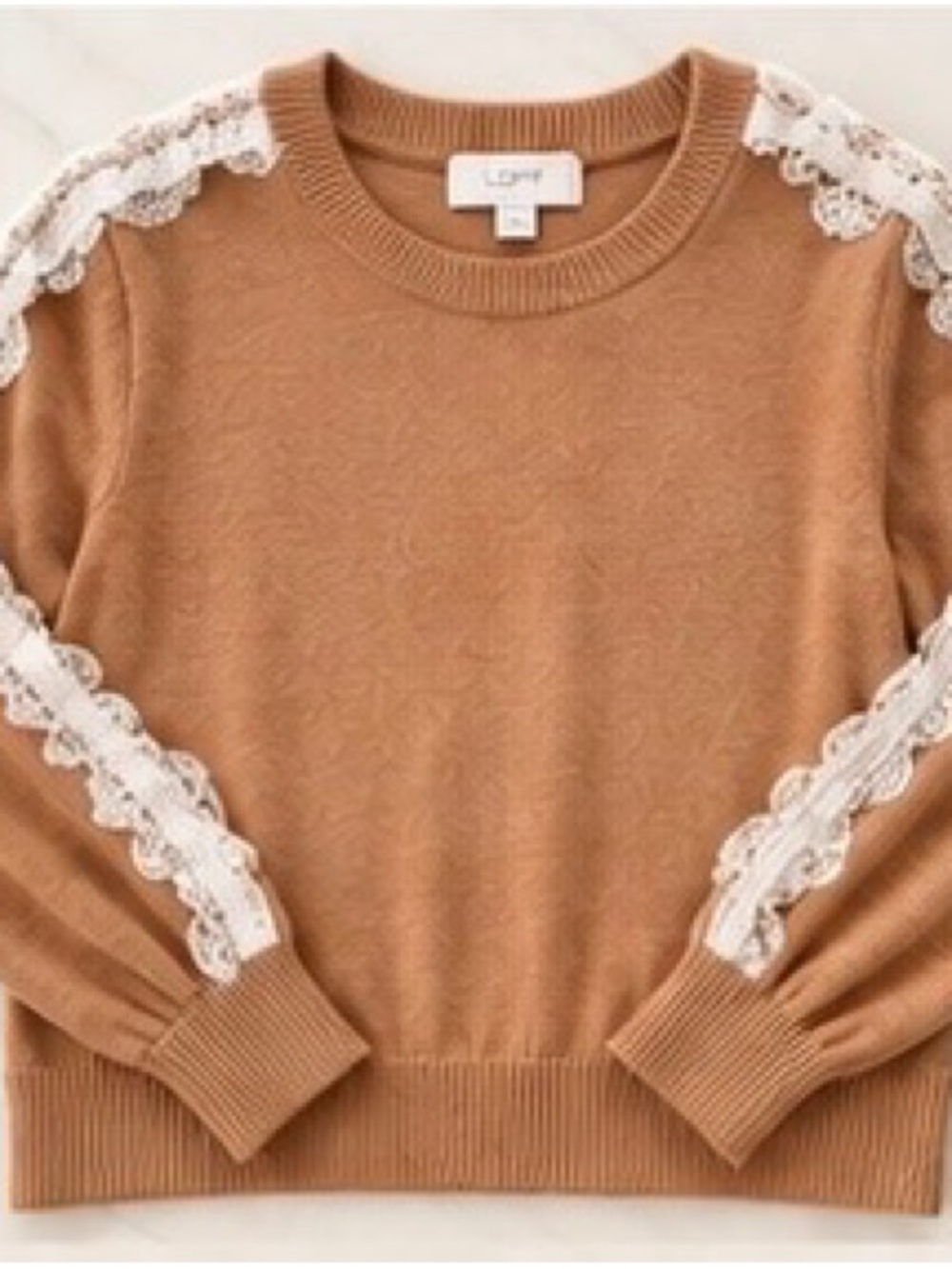 LOFT Camel Crewneck Sweater with Cream Lace Trim
